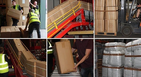 Warehouse team unloading a container