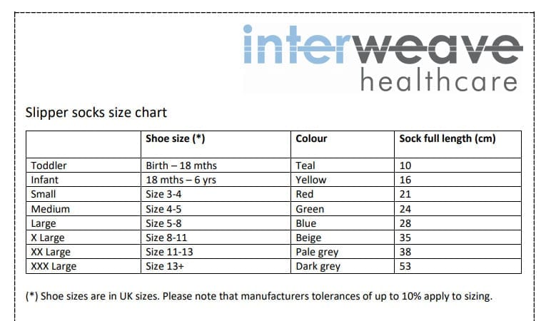 infant sock size chart